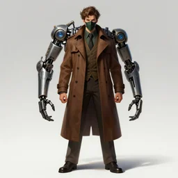 a highly detailed illustration of thick wavy brown haired young white guy wearing brown detective trench coat and wearing dark green mask, with long mechanical arms on his back, dramatic standing pose, intricate, elegant, highly detailed, centered, digital painting, artstation, concept art, smooth, sharp focus, league of legends concept art, WLOP