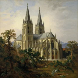 A painting of a catherdral in nature, trees, mountains in the distance, by Caspar David Friedrich