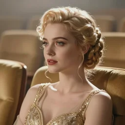 cinestill 5 0 d portrait of a beautiful dreamy woman by annie liebovitz, sitting in a theatre, pale gold tonal glossy, hair intricate style, wearing intricate dress, elegant, highly detailed, soft foggy blur, artstation, sharp focus, head in focus,