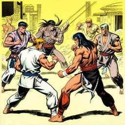 vintage comic, greg rutkowski man with long dark hair fighting several martial artists at once