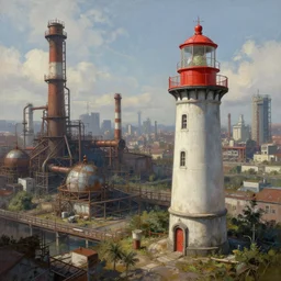 a beautiful hyperdetailed painting of industrial architecture nature city lighthouse urbex by wolf d. prix, cgsociety, archdaily, wallpaper, highly detailed, trending on artstation.
