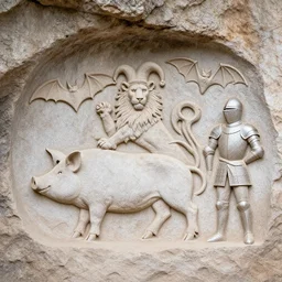 sigil of a pig, a lion, a jester, a bat, and a knight carved into a cave's wall