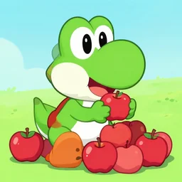 cartoon of yoshi eating a pile of apples