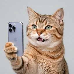color studio photo a cat taking a selfie holding phone, smiling, closeup, detailed