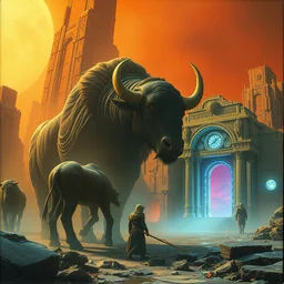minotaur next to computer banks and star gate. grand. cyberpunk scene by ralph mcquarrie and beksinski r / characterart