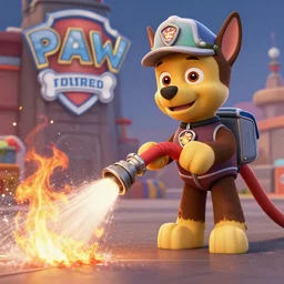 marshall using a water hose to extinguish the burning paw patrol base, movie poster, intricate detail, 8 k, trending on artstation, octane render