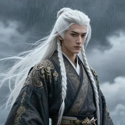 portrait, fujin, handsome male japanese god of wind, long braided white hair, rain, dramatic, very detailed, ornate, sky, clouds, 8 k, octane render, william bouguereau, rossdraws, greg rutkowski