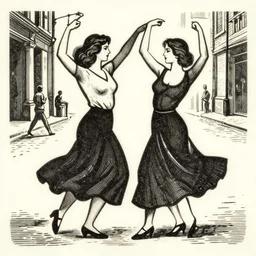 two woman dancing on the street. lithography art