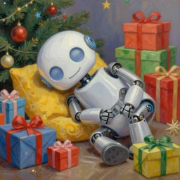 seven year old happy robot, asleep at christmas. surrounded by gifts. high quality detailed face. beautiful painting by artgerm and greg rutkowski and alphonse mucha