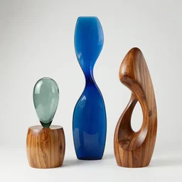 abstract sculptures made of vividly glass and polished wood, by barbara hepworth, trending on artstation.