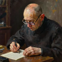 realistic oil painting of bald man with big ears and glasses ticking boxes at a desk, dramatic light