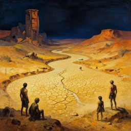 the ancient alien crash site by patrick caulfield and ivan shishkin and zacharias aagaard and simon stalenhag and escher, dry river bed, barren desert landscape, chiaroscuro, tonalism, sfumato, high saturation, high contrast, vibrant, highly intricate details, dusty