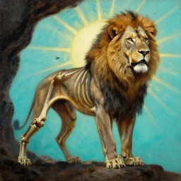 close up of muscular lion barbarian hunter endoskeleton full body in portrait pose, sun rays , small bird sihouettes  in cyan background , very textured detailed  oil painting by rembrandt , hard backlight , in dark cave