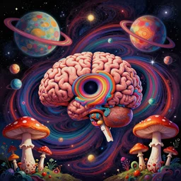 psychedelic travelers, huge brains, planets and mushrooms, psychedelic blackhole swirled imagery by artgerm, pablo amaringo, louis dyer visionary art. space art. lucien rudaux, cosmos, vivid colors, sharp edges. ultra clear detailed. 8 k. elegant, intricate, octane render