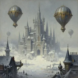 A haunting matte painting of a wintery fantasy city with steampunk dirigibles by Alphonse Mucha, Clyde Caldwell,Brothers Hildebrandt, trending on artstation