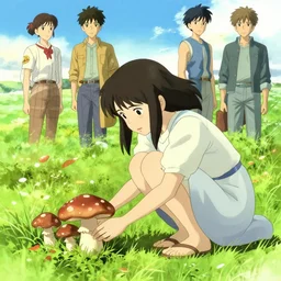 girl picking mushroom, illustration concept art anime key visual trending pixiv fanbox by wlop and greg rutkowski and makoto shinkai and studio ghibli