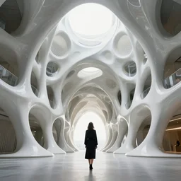fluid generative cellular pavillion, woman standing, super architecture concept by zaha hadid, symmetry