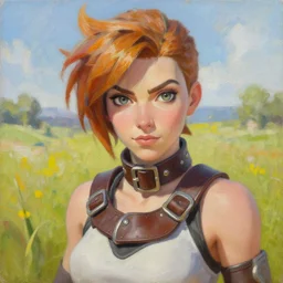 oil painting of tracer overwatch in a field wearing large leather belt choker around neck, in style of mark arian, expressive face, detailed face, detailed eyes, full body, feminine face, tracer overwatch,