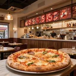 the interior of a 5 star pizza restaurant, 1 5 mm lens, photograph, realisitc