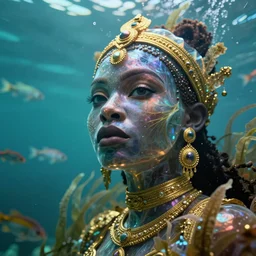 hyperrealistic cinematic wide shot of very expressive! translucent!! african goddess, underwater scene with fish and algae, gold jewerly, highly detailed face, digital art masterpiece, eric zener cam de leon, dramatic pearlescent turquoise light on one side, low angle uhd 8 k, shallow depth of field