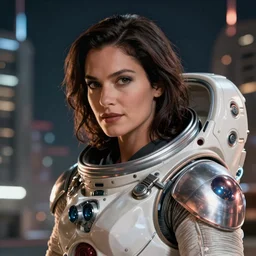 VFX movie closeup of a gorgeous futuristic Denise Milani in space armor in future city, hero pose, beautiful skin, natural city night lighting by Emmanuel Lubezki