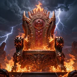 massive throne that is super complex and on fire in hell with a huge storm with lightning in the background, surreal, sharp focus, digital art, epic composition, concept art, dynamic lighting, intricate, highly detailed, 8 k, unreal engine, blender render