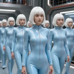 troop of cloned women with white bob hairdos, tight light blue neopren suits, futuristic production facility, sci - fi, highly detailed, cinematic