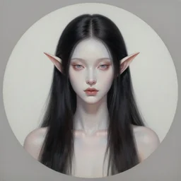 oil portrait an ethereal and elegant elf with pale skin and extremely long dark hair, ominous, symmetric, circular background, wearing a flowing white dress, rule of thirds, by alphonse mucha, alphons mucha, art nouveau, hans holbein, wlop