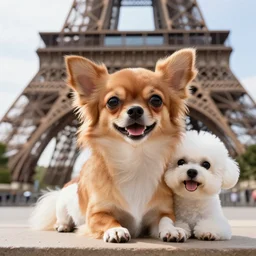 a photorealistic closeup image of a cute brown colored long haired chihuahua cocker spaniel dog with a smiling white bichon frise dog in paris laying in front of the eiffel tower. brightly lit. extreme detail. 4 k hd unreal engine
