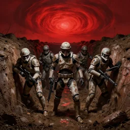 horror art, meta - human troopers in a muddy trench, red vortex sky in the background, art by ismail inceoglu