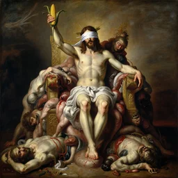 jesus christ wearing blindfold!!!!! holding cornucopia!!!!!!! sitting on a huge!!!! throne of entwined bodies, blood, viscera, corpses piled, horrific, elegant!!!, ominous, highly detailed painting by goya!!! phil hale!! gaston bussiere, craig mullins, j. c. leyendecker, 8 k, mid shot