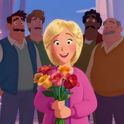 pixar cartoon character of bea arthur being happy with her flowers. style by petros afshar, christopher balaskas, goro fujita, and rolf armstrong.