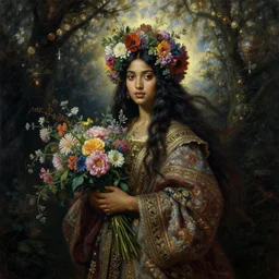 portrait oil painting, a beautiful young dark woman, floral headdress, dark forest, flowers, holding a bouquet of flowers, long flowing hair, ornate robe, ultra realistic, wide angle, intricate details, artifacts, luminous skies, highly detailed, michael cheval, peter mohrbacher, boris vallejo, jessica rossier, oil painting, highly detailed, cinematic lighting