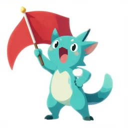 cyan spirit axie pet holds flag, battle cry, last battle, fantasy, studio ghibli, clean cel shaded vector art, style artstation, style greg rutkowski, octane render, unreal engine 6, epic game graphics, fantasy, conceptual art, ray tracing
