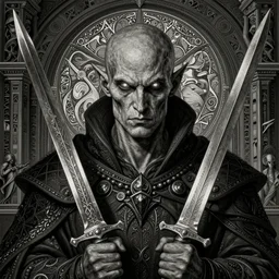 portrait of of undead lich holding two daggers in front of biomechanical hell gate, sharp eyes, hyper realistic face, fantasy art, greg rutkowski, intricate, alphonse mucha, hyper detailed engraving, concept art, elden ring, illustration, smooth, sharp focus, by gustave dore and zdizslaw beksinski