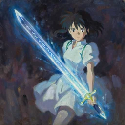 classical oil painting, fantasy, trending on artstation, stylistic, brush strokes, oil, canvas, by kawacy and makoto shinkai, featuring sword artwork, glowing sword, enchanted sword, sword magic runes