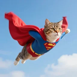 cat with a red cape flying through the sky in a superman pose