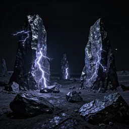 metallic black rock desert with electrical discharges transmitting between the different rocks, sparkles, moonless black sky, lights, cinematic, high quality, 1 6 k, breathtaking, fantasy digital art, in the style of ted nasmith and beksinski - n 9