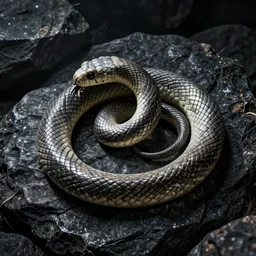 real picture of a living ouroboro, infinity snake, eating it's own tail, on a dark rock background