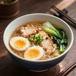 A delicious ramen with chicken, eggs, and veggies, the only lighting is from the sunlight, photorealistic imagery, 35mm photography, professional photography, 4k, 8k
