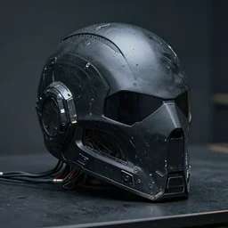 cyberpunk helmet combat helmet matte black intimidating placed on table exposed wiring IMG_1413.JPG Cannon photo removed panels Cyberpunk2077 Bladeunner 2049 battle damage metallic edge wear moody lighting