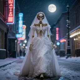 skeleton in a wedding dress walking through the city at night. neon signs. full moon. hyper detailed. socialist realism. beautiful and eerie. it is snowing