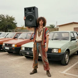 aesthetic photo of a guy with curly hair and colored clothes holding a big black speaker in front of a raw of parked Fiat Uno 70s style hippie. Interlaced picture. Instagram post. Vintage.