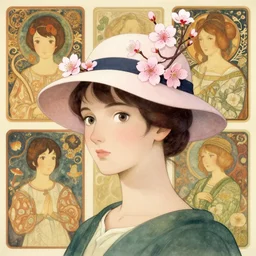 a female wearing a hat with sakura on top by filip hodas and tezuka and botticelli and mucha and bierstadt and remington trending on artstation
