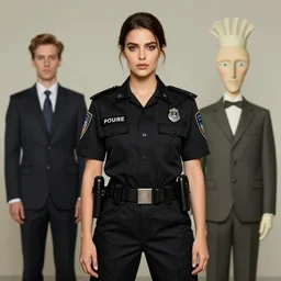 gorgeous brunette in black security uniform by james jean and rene magritte