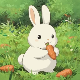 beautiful painting from the anime film by studio ghibli, floppy eared rabbit in a grassy field eating carrots, white with black spots, happy, trending on artstation