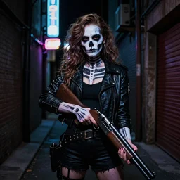 in the style of artgerm, Samara Weaving with skull paint on her face, holding a shotgun, standing in a dark alley, night, neon