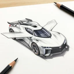 a 5 0 s color pencil product design concept drawing of a flying cadillac car model with wings and a thruster on the back