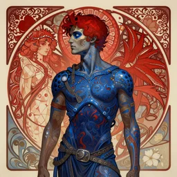 The Terminator, sharp focus, intricate, elegant, digital painting, artstation, matte, highly detailed, concept art, illustration, volumetric lighting, red blue color scheme, art by artgerm, Alphonse mucha, and Greg Rutkowski