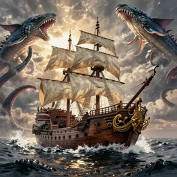 an impossibly huge pirate ship, being attacked by a kraken, giant tentacles. 2010s photograph